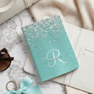 Teal Brushed Metal Silver Glitter Monogram Name Passport Holder