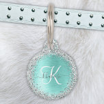 Teal Brushed Metal Silver Glitter Monogram Name Pet ID Tag<br><div class="desc">Easily personalize this trendy chic pet ID tag design featuring pretty silver sparkling glitter on a teal brushed metallic background.</div>