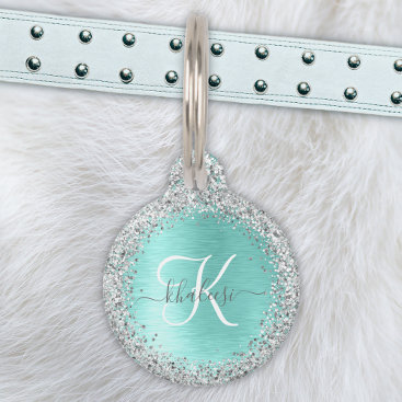 Teal Brushed Metal Silver Glitter Monogram Name Pet ID Tag