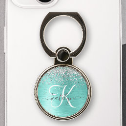 Teal Brushed Metal Silver Glitter Monogram Name Phone Ring Stand