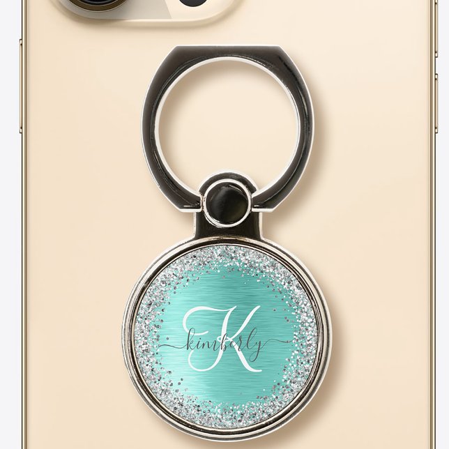 Teal Brushed Metal Silver Glitter Monogram Name Phone Ring Stand (Creator Uploaded)