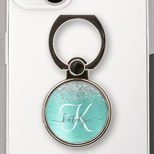Teal Brushed Metal Silver Glitter Monogram Name Phone Ring Stand