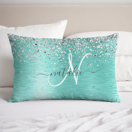 Teal Brushed Metal Silver Glitter Monogram Name Pillow Case