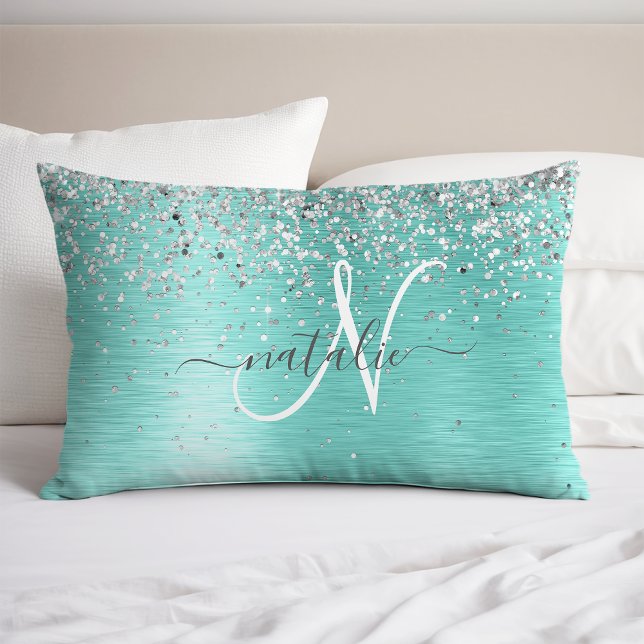 Teal Brushed Metal Silver Glitter Monogram Name Pillow Case (Creator Uploaded)