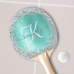 Teal Brushed Metal Silver Glitter Monogram Name Ping Pong Paddle