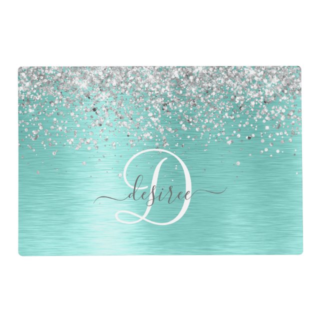 Teal Brushed Metal Silver Glitter Monogram Name Placemat (Front)