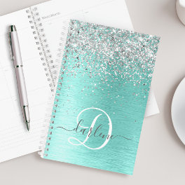 Teal Brushed Metal Silver Glitter Monogram Name Planner