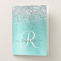Teal Brushed Metal Silver Glitter Monogram Name
