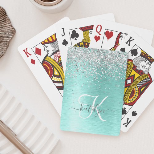 Teal Brushed Metal Silver Glitter Monogram Name Poker Cards