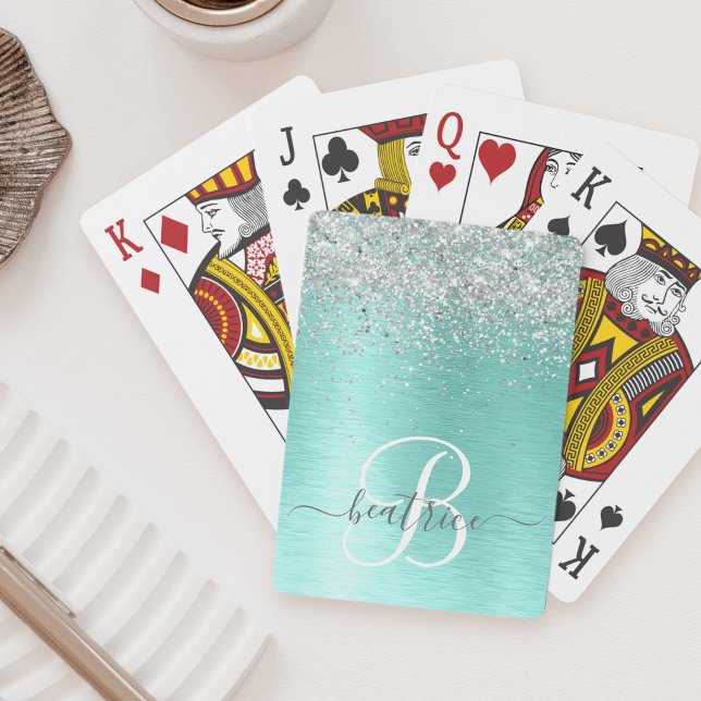 Teal Brushed Metal Silver Glitter Monogram Name Poker Cards (Creator Uploaded)