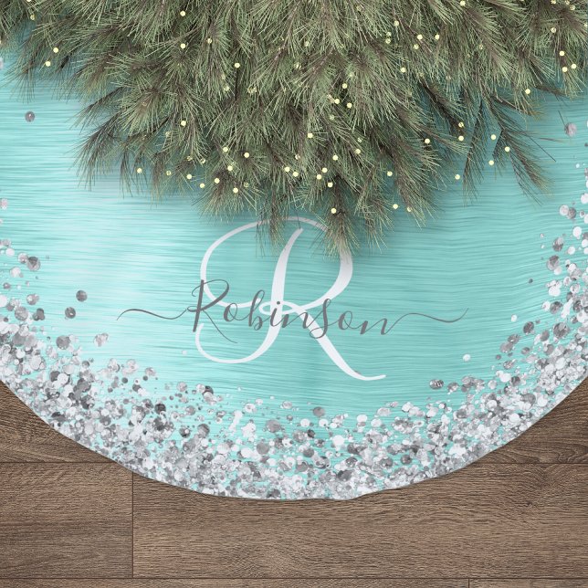 Teal Brushed Metal Silver Glitter Monogram Name Polyester Tree Skirt (Creator Uploaded)