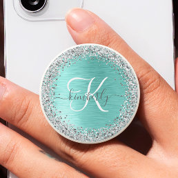 Teal Brushed Metal Silver Glitter Monogram Name PopSocket