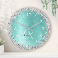 Teal Brushed Metal Silver Glitter Monogram Name