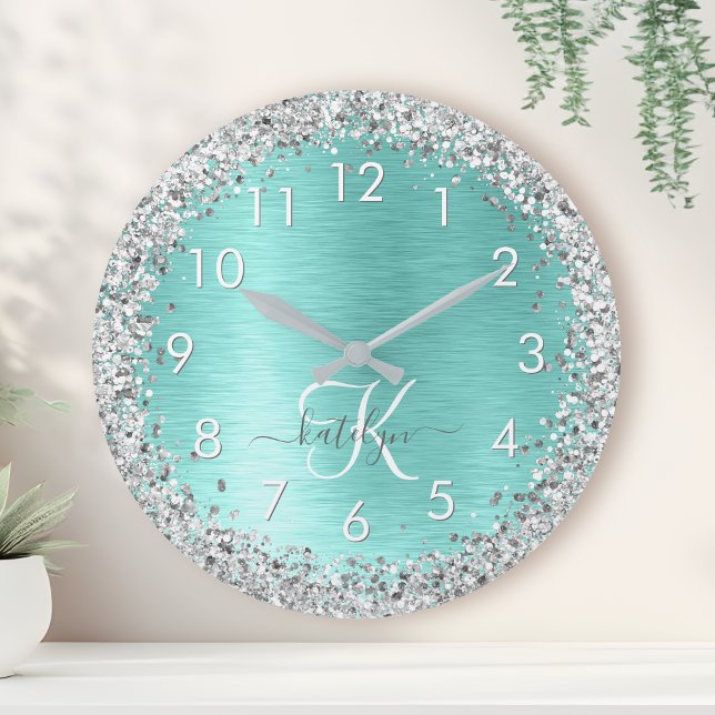 Teal Brushed Metal Silver Glitter Monogram Name Round Clock (Creator Uploaded)