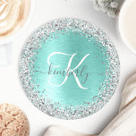 Teal Brushed Metal Silver Glitter Monogram Name Round Paper Coaster<br><div class="desc">Easily personalize this trendy chic coaster design featuring pretty silver sparkling glitter on a teal brushed metallic background.</div>
