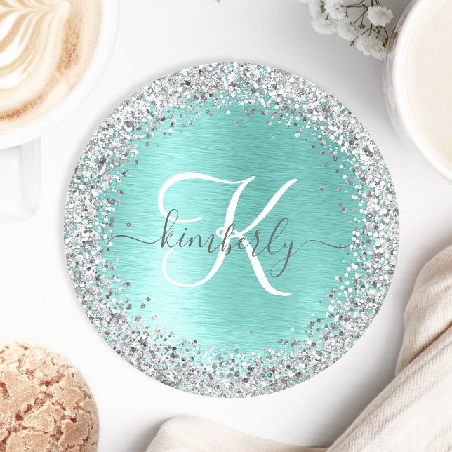 Teal Brushed Metal Silver Glitter Monogram Name Round Paper Coaster (Creator Uploaded)