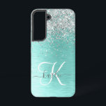 Teal Brushed Metal Silver Glitter Monogram Name Samsung Galaxy S22 Case<br><div class="desc">Easily personalize this trendy chic phone case design featuring pretty silver sparkling glitter on a teal brushed metallic background.</div>