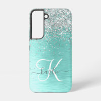 Teal Brushed Metal Silver Glitter Monogram Name