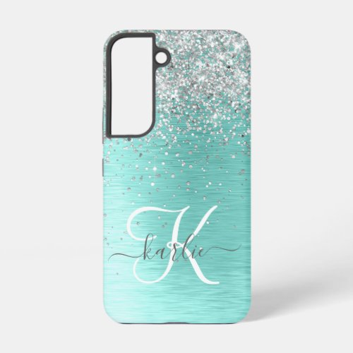 Teal Brushed Metal Silver Glitter Monogram Name Samsung Galaxy S22 Case