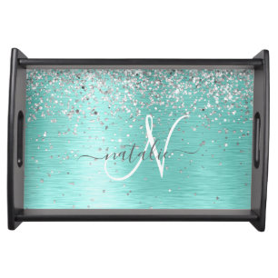 Teal Brushed Metal Silver Glitter Monogram Name Serving Tray