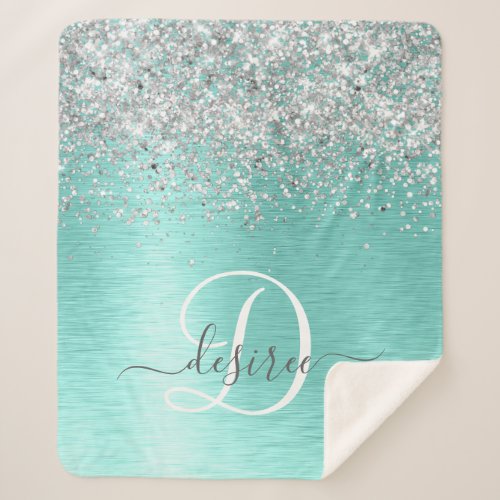 Teal Brushed Metal Silver Glitter Monogram Name Sherpa Blanket