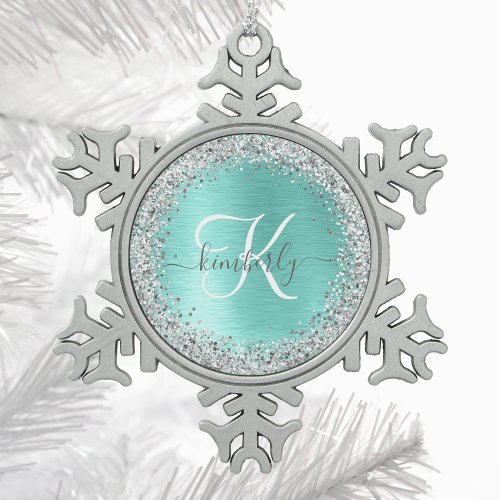 Teal Brushed Metal Silver Glitter Monogram Name Snowflake Pewter Christmas Ornament