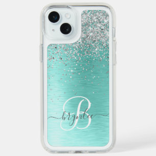 Teal Brushed Metal Silver Glitter Monogram Name iPhone 15 Plus Case