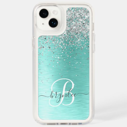 Teal Brushed Metal Silver Glitter Monogram Name Speck iPhone 14 Plus Case