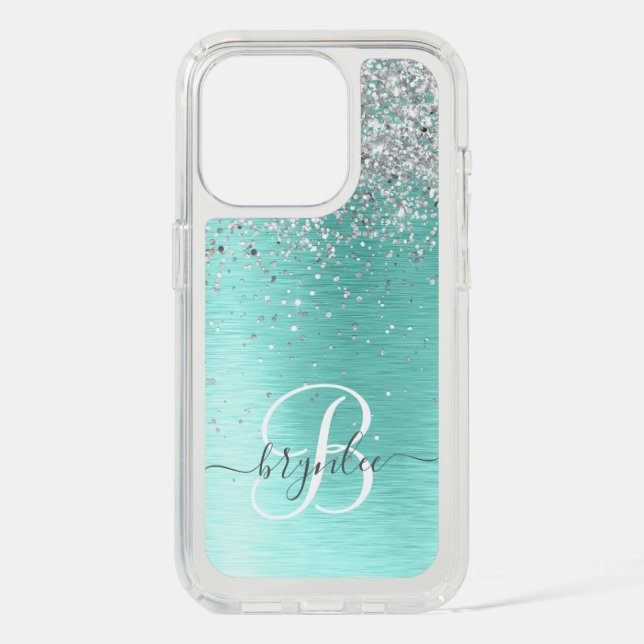 Teal Brushed Metal Silver Glitter Monogram Name Speck iPhone Case (Front)