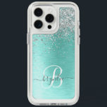Teal Brushed Metal Silver Glitter Monogram Name iPhone 15 Pro Max Case<br><div class="desc">Easily personalize this trendy chic phone case design featuring pretty silver sparkling glitter on a teal brushed metallic background.</div>
