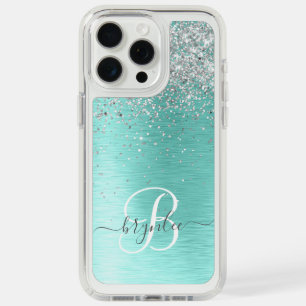 Teal Brushed Metal Silver Glitter Monogram Name iPhone 15 Pro Max Case