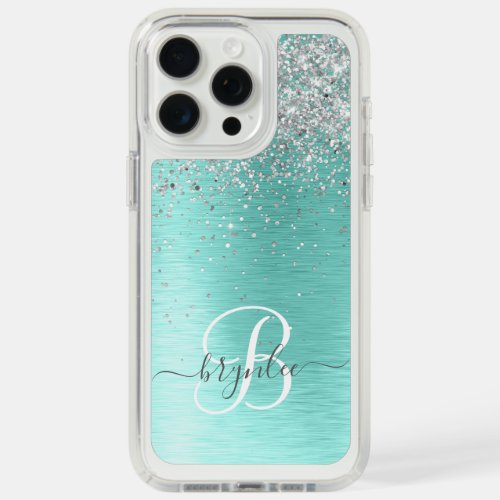 Teal Brushed Metal Silver Glitter Monogram Name iPhone 15 Pro Max Case