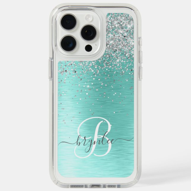 Teal Brushed Metal Silver Glitter Monogram Name Speck iPhone Case (Front (White Titanium))