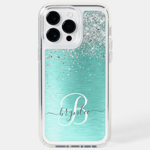 Teal Brushed Metal Silver Glitter Monogram Name Speck iPhone 14 Pro Max Case