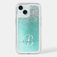 Teal Brushed Metal Silver Glitter Monogram Name