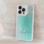 Teal Brushed Metal Silver Glitter Monogram Name iPhone 15 Pro Case<br><div class="desc">Easily personalize this trendy chic phone case design featuring pretty silver sparkling glitter on a teal brushed metallic background.</div>