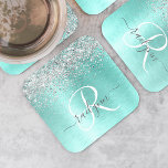 Teal Brushed Metal Silver Glitter Monogram Name Square Paper Coaster<br><div class="desc">Easily personalize this trendy chic paper coaster design featuring pretty silver sparkling glitter on a teal brushed metallic background.</div>