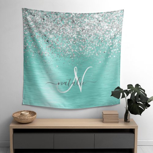 Teal Brushed Metal Silver Glitter Monogram Name Tapestry