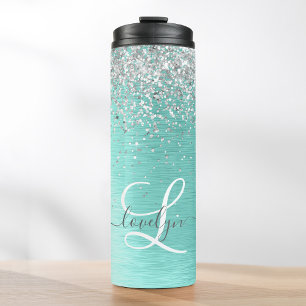 Teal Brushed Metal Silver Glitter Monogram Name Thermal Tumbler