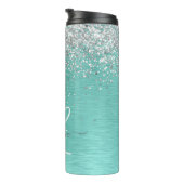 Teal Brushed Metal Silver Glitter Monogram Name Thermal Tumbler (Rotated Right)
