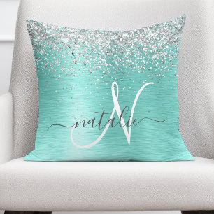 Teal Brushed Metal Silver Glitter Monogram Name Throw Pillow