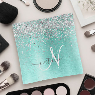 Teal Brushed Metal Silver Glitter Monogram Name Trinket Tray