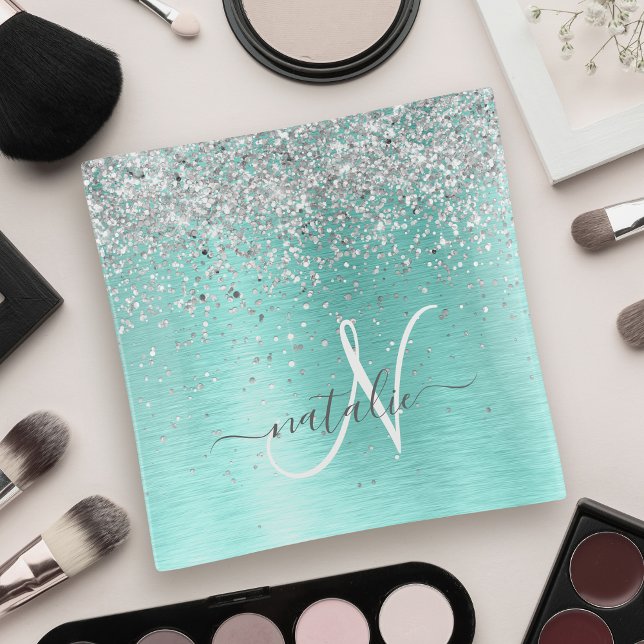 Teal Brushed Metal Silver Glitter Monogram Name Trinket Tray (Creator Uploaded)