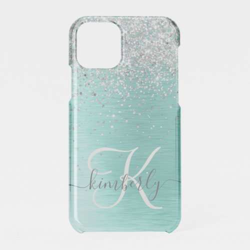 Teal Brushed Metal Silver Glitter Monogram Name iPhone 11 Pro Case