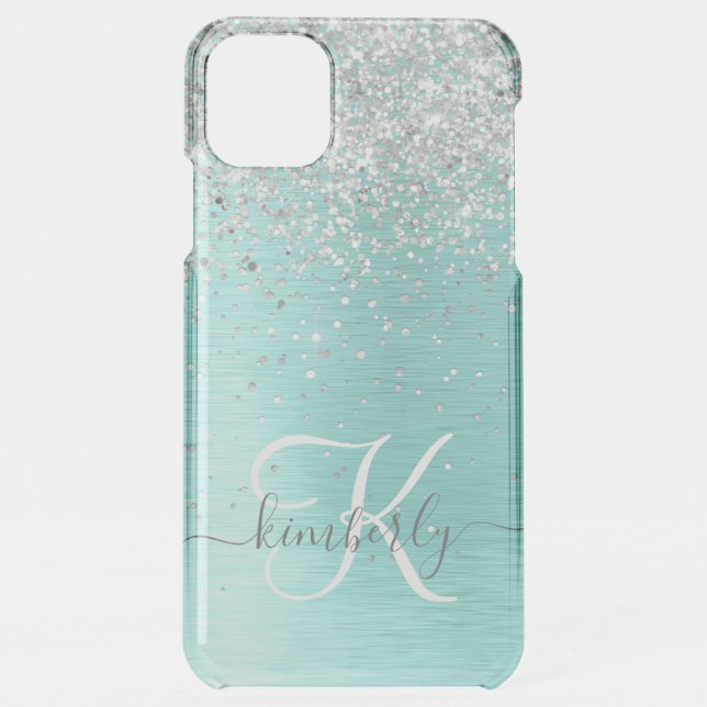 Teal Brushed Metal Silver Glitter Monogram Name Uncommon iPhone Case (Back)