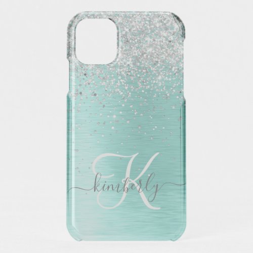 Teal Brushed Metal Silver Glitter Monogram Name iPhone 11 Case