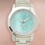 Teal Brushed Metal Silver Glitter Monogram Name Watch<br><div class="desc">Easily personalize this trendy chic watch design featuring pretty silver sparkling glitter on a teal brushed metallic background.</div>