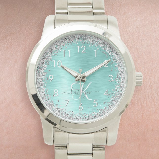 Teal Brushed Metal Silver Glitter Monogram Name Watch (Creator Uploaded)