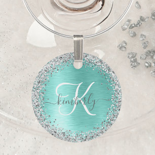 Teal Brushed Metal Silver Glitter Monogram Name Wine Charm