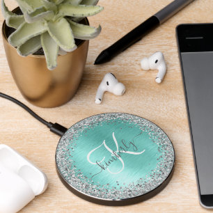 Teal Brushed Metal Silver Glitter Monogram Name Wireless Charger
